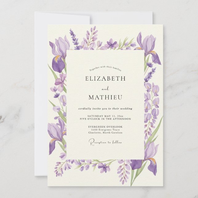 Invitación Boda de Eucalipto Violeta Iris Amatista (Anverso)