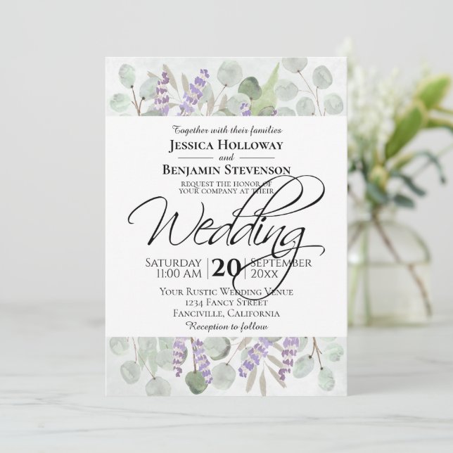 Invitación Boda de eucalipto y acuarela de lavanda rústico (Anverso de pie)