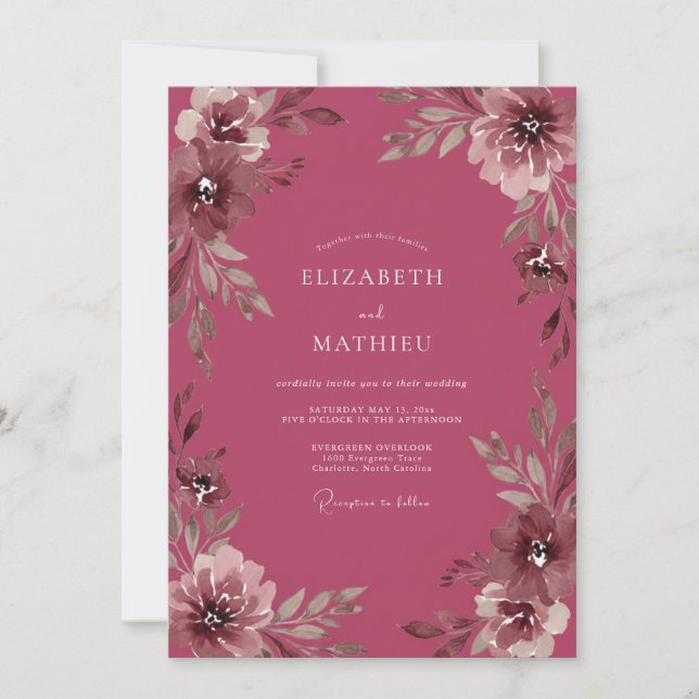 Invitación Boda de Eucalipto y Ranúnculo de Mauve Profundo (Anverso)