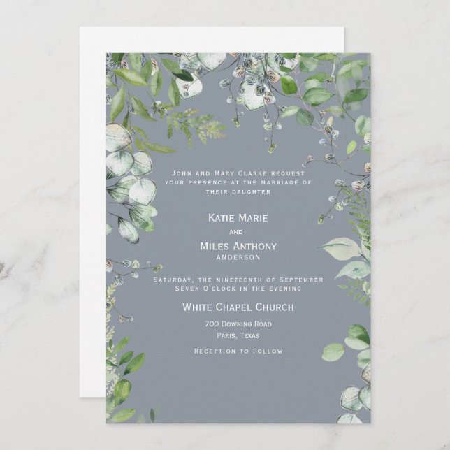 Invitación Boda de eucaliptos azul turbio y moderno (Anverso / Reverso)