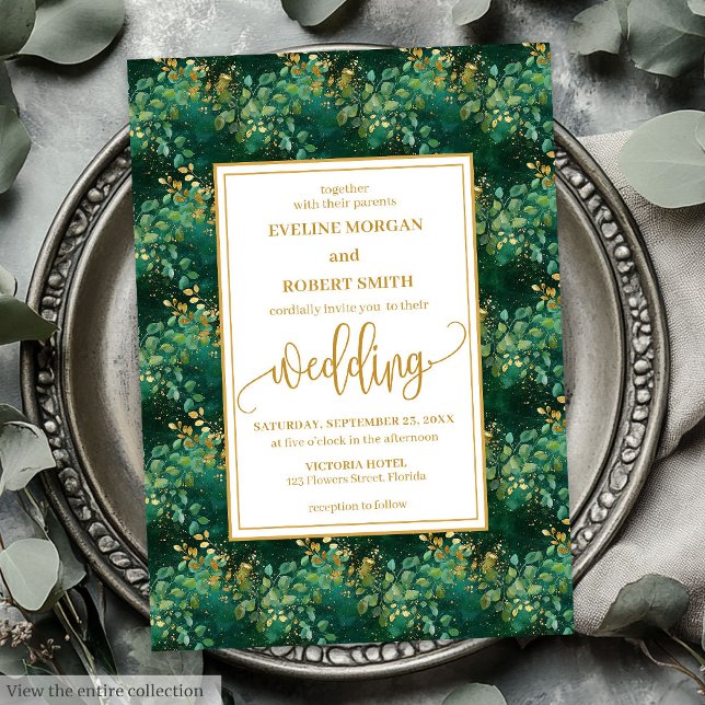 Invitación Boda de Eucaliptos de Oro Verde de Cazador clásico (Classic Hunter Green Gold Eucalyptus Wedding Invitation)