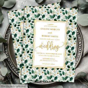 Invitación Boda de Eucaliptos de Oro Verde Oscuro de Lujo Inv