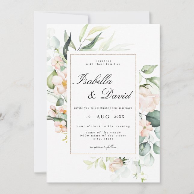 Invitación Boda de Eucaliptos Florales Elegantes de Bloom Ros (Anverso)