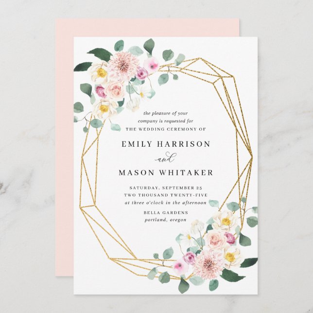 Invitación Boda de eucaliptos florales rosados y morados de R (Anverso / Reverso)