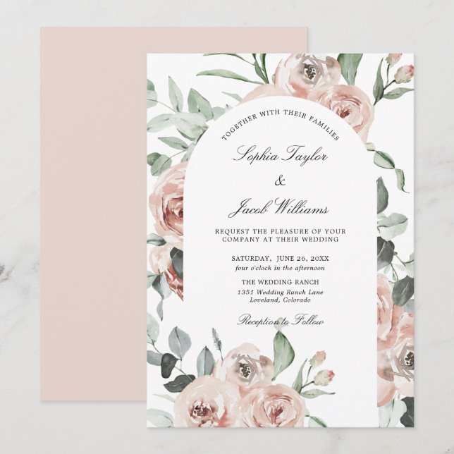 Invitación Boda de Eucaliptus floral Dusty Pink Rubor (Anverso / Reverso)