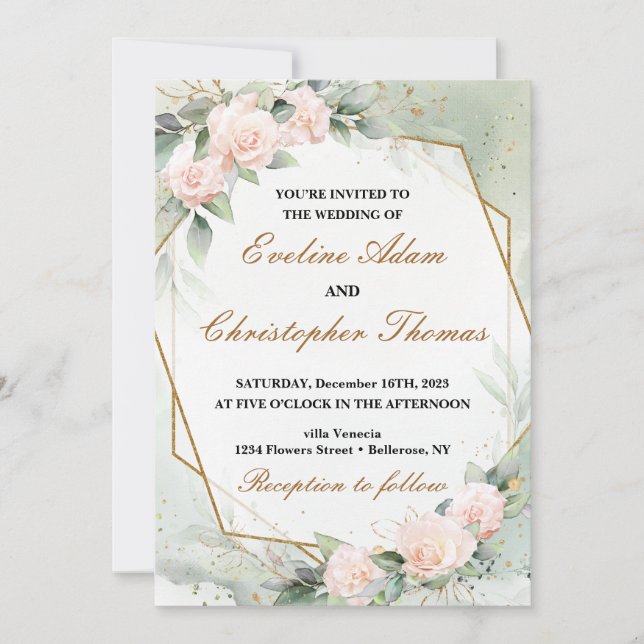 Invitación Boda de Eucalyptus floral de Rubor romántico (Anverso)