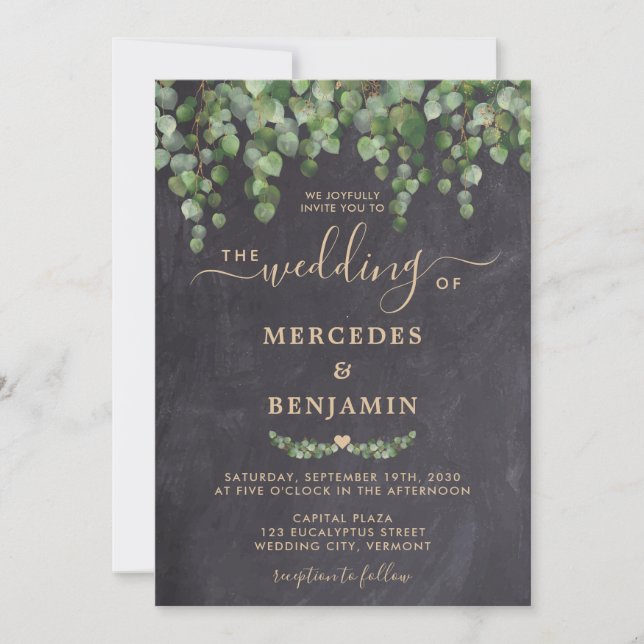 Invitación Boda de Eucalyptus Gold Chalkboard (Anverso)