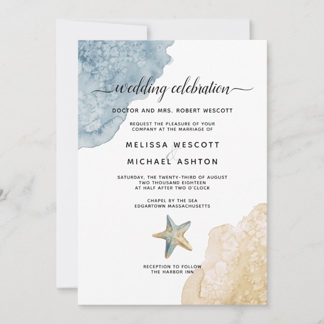 Invitación Boda de eventos Watercolor Dusty Blue Sea Beach (Anverso)