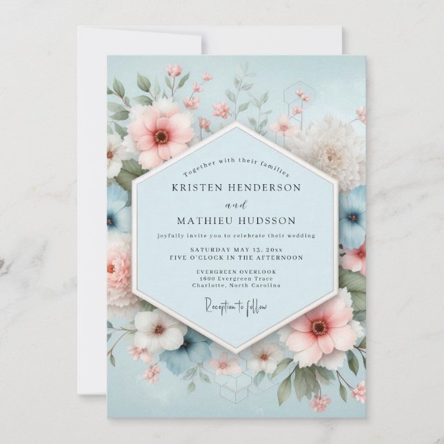 Invitación Boda de Éxtasis Floral Azul Polvoriento (Anverso)