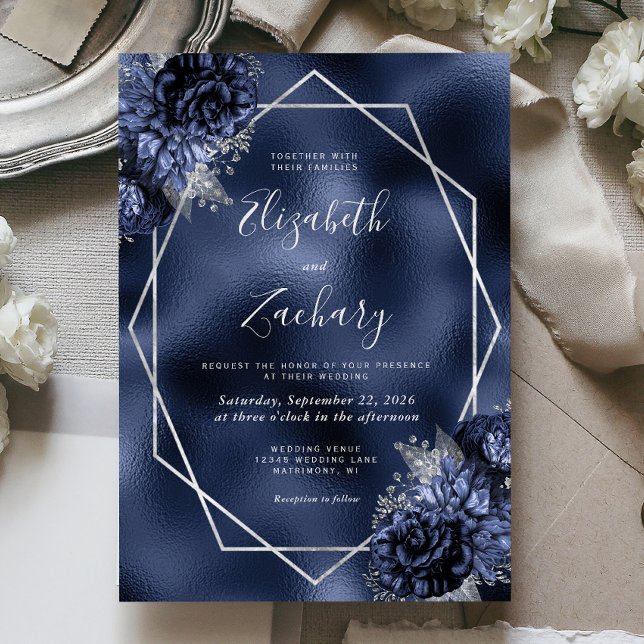 Invitación Boda de falso foil de marco de plata con flores az (Subido por el creador)