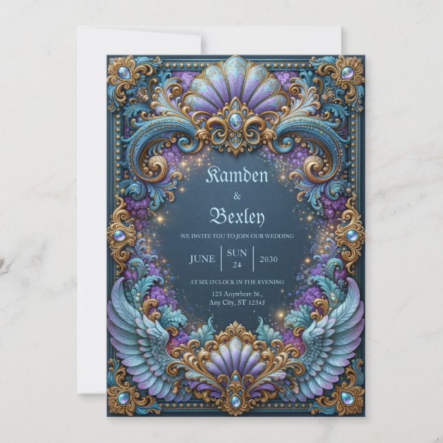 Invitación Boda de Fantasía con Alas de Lavanda (Anverso)