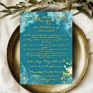 Invitación Boda de Fantasía de Mármol Teal Dorado Romántico
