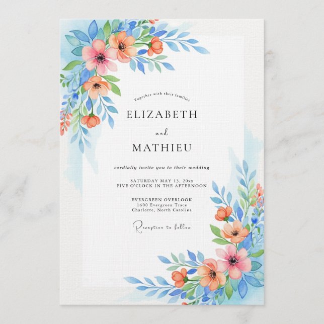 Invitación Boda de fantasía floral azul cielo (Anverso)