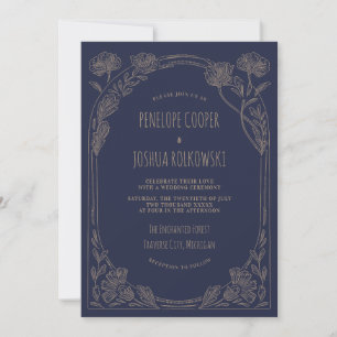 Invitación Boda de fantasía floral azul marino dorado encanta