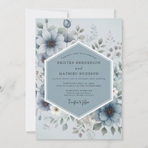 Invitación Boda de fantasía floral azul pizarra melancólica