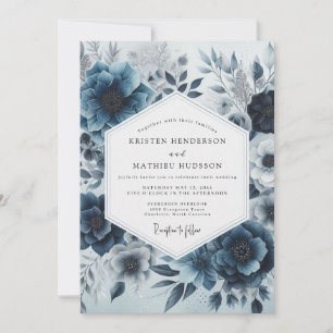 Invitación Boda de fantasía floral azul profundo