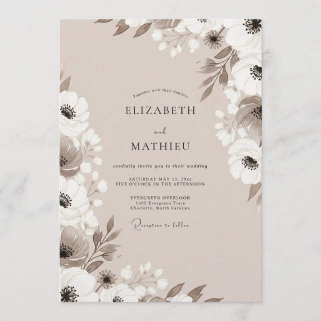Invitación Boda de fantasía floral beis (Anverso)