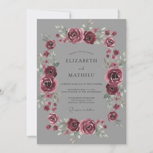 Invitación Boda de fantasía floral granate (Anverso)