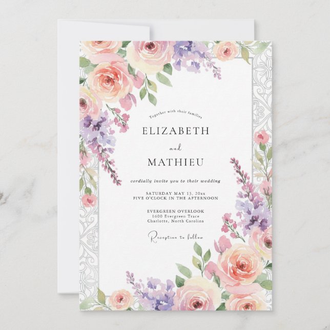 Invitación Boda de fantasía floral Lavanda Rubor (Anverso)