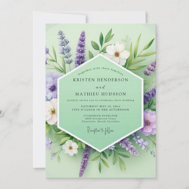 Invitación Boda de fantasía floral lavanda verde (Anverso)