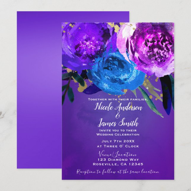 Invitación Boda de Fantasía Floral Púrpura Ultra Violeta Vibr (Anverso / Reverso)