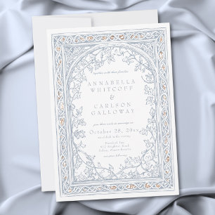 Invitación Boda de Fantasía Medieval Arco Azul y Dorado Graba