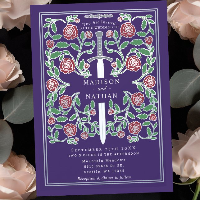 Invitación Boda de fantasía medieval con espada de plata púrp (Subido por el creador)