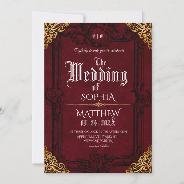 Invitación Boda de fantasía medieval real borgoña oro (Anverso)
