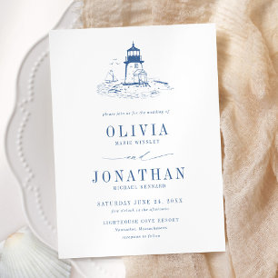 Invitación Boda de faro con toile azul costero