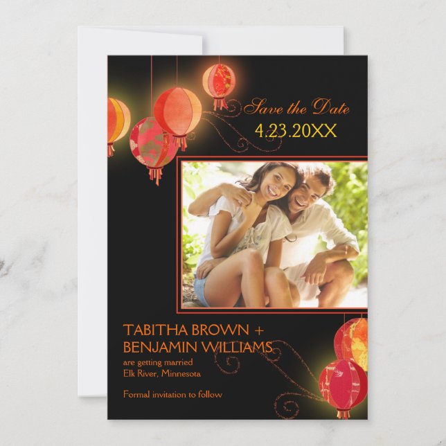 Invitación Boda de faroles de papel rojo foto Guardar fecha (Anverso)