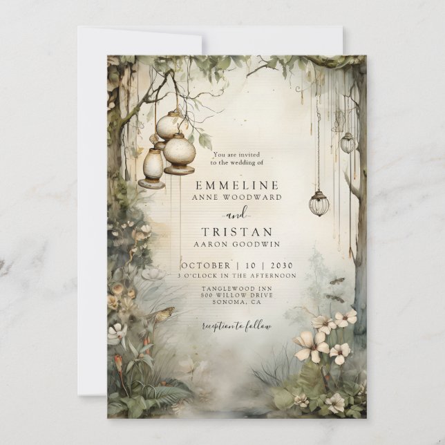 Invitación Boda de faros colgantes de los bosques encantados (Anverso)