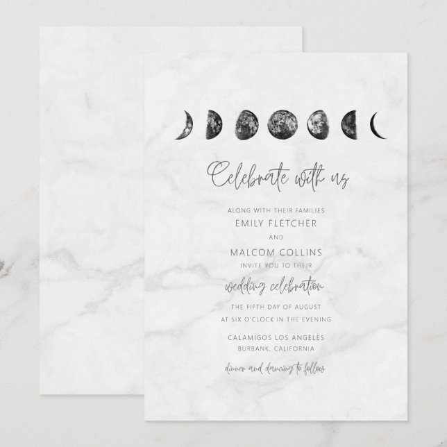 Invitación Boda de Fases de la Luna de Mármol Gris Celeste (Anverso / Reverso)