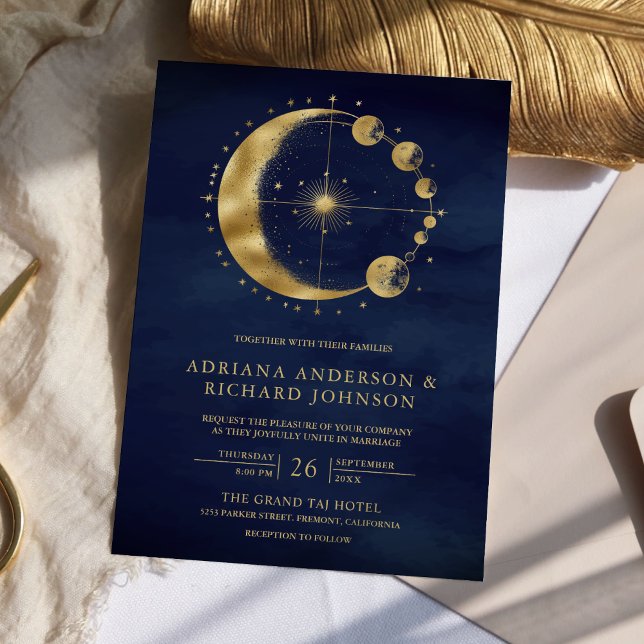 Invitación Boda de fases de luna creciente dorada azul celest (Subido por el creador)