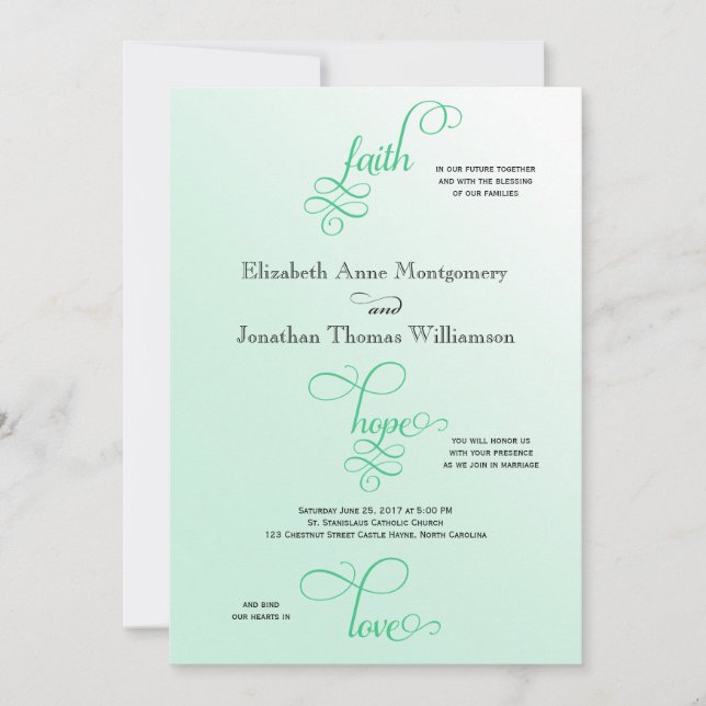 Invitación Boda de fe y amor con escritura de menta fresca (Anverso)