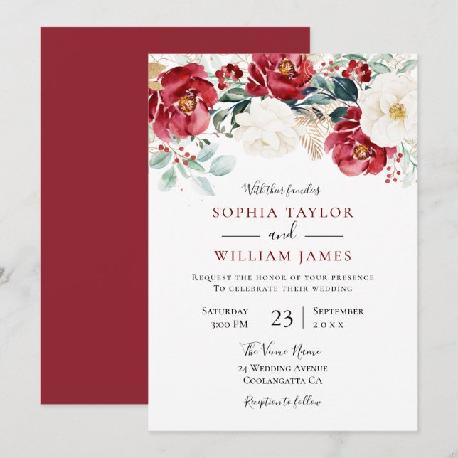 Invitación Boda de feriado de flores rojas de Borgoña (Anverso / Reverso)