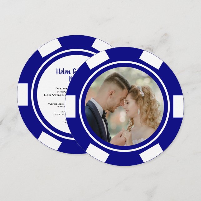 Invitación Boda de fichas de póquer azul marino de Las Vegas, (Anverso / Reverso)