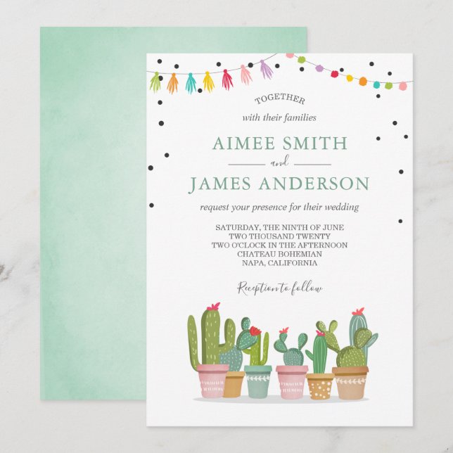 Invitación Boda de Fiesta Cactus Succulum Watercolor Pastel (Anverso / Reverso)