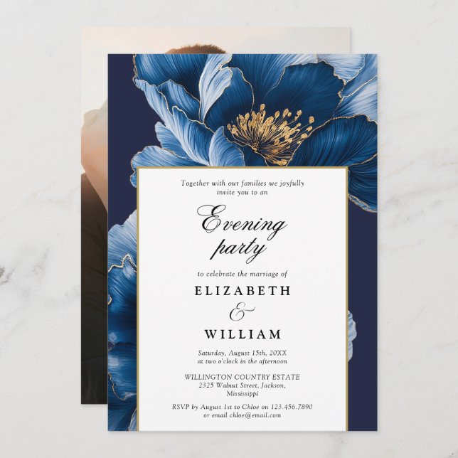 Invitación Boda de Fiesta de la velada floral azul de la mari (Anverso / Reverso)