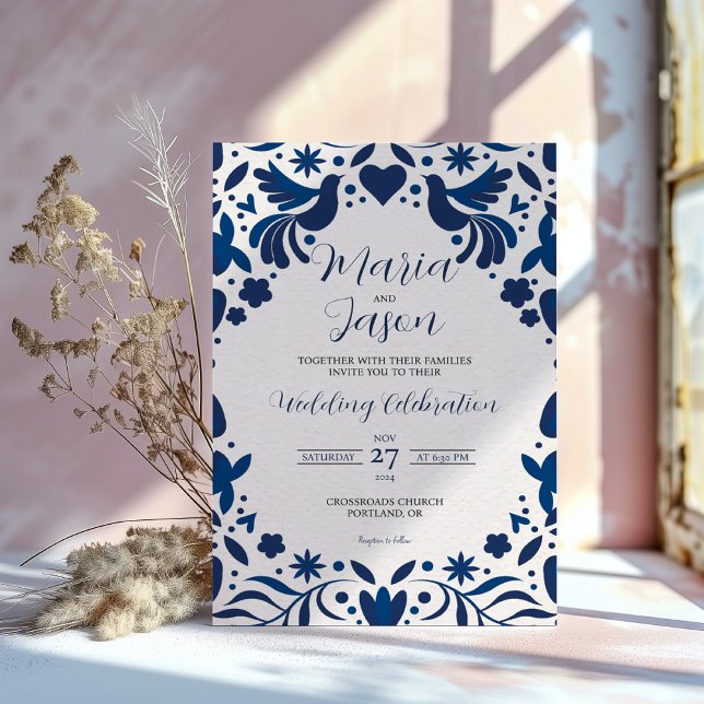 Invitación Boda de Fiesta Elegante de Floral Azul Otomí (Mexican Otomi Blue Floral Elegant Fiesta Wedding Invitation)
