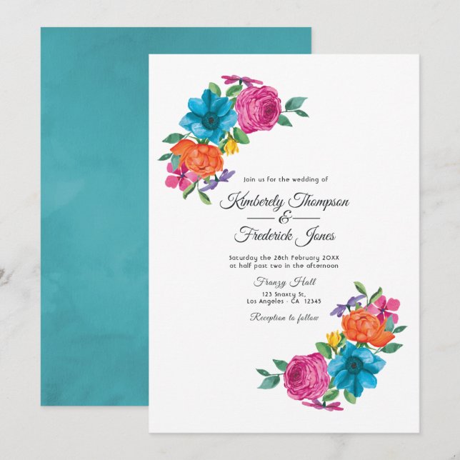 Invitación Boda de Fiesta floral acuarela (Anverso / Reverso)