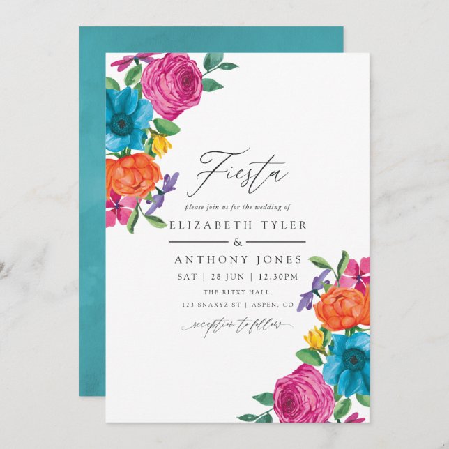 Invitación Boda de Fiesta floral acuarela (Anverso / Reverso)
