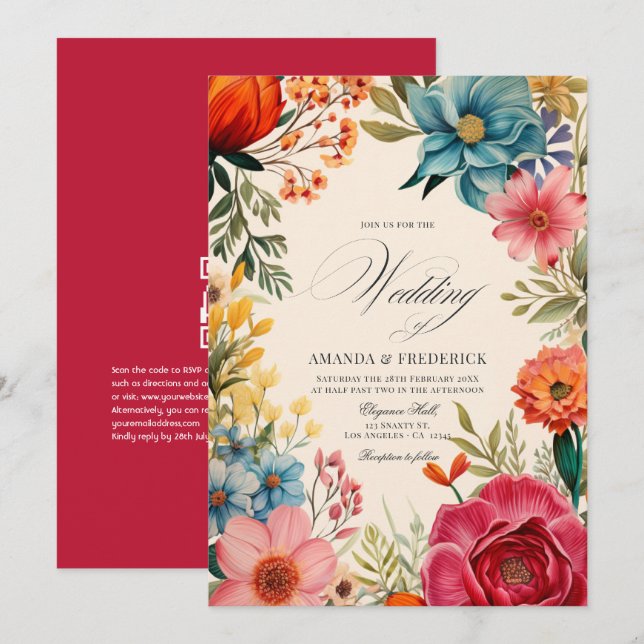Invitación Boda de Fiesta Floral con Acuarela y Código QR (Anverso / Reverso)