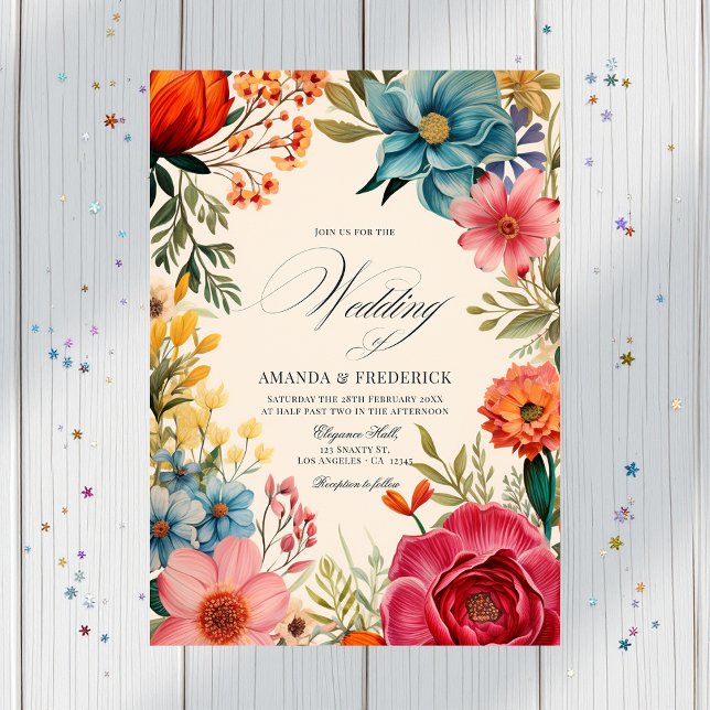 Invitación Boda de Fiesta Floral de acuarela con código QR (Watercolor Floral Fiesta Wedding with QR Code Invitation)