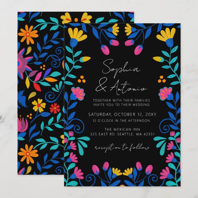 Invitación Boda de Fiesta Floral Mexicana Vibrante (Anverso / Reverso)