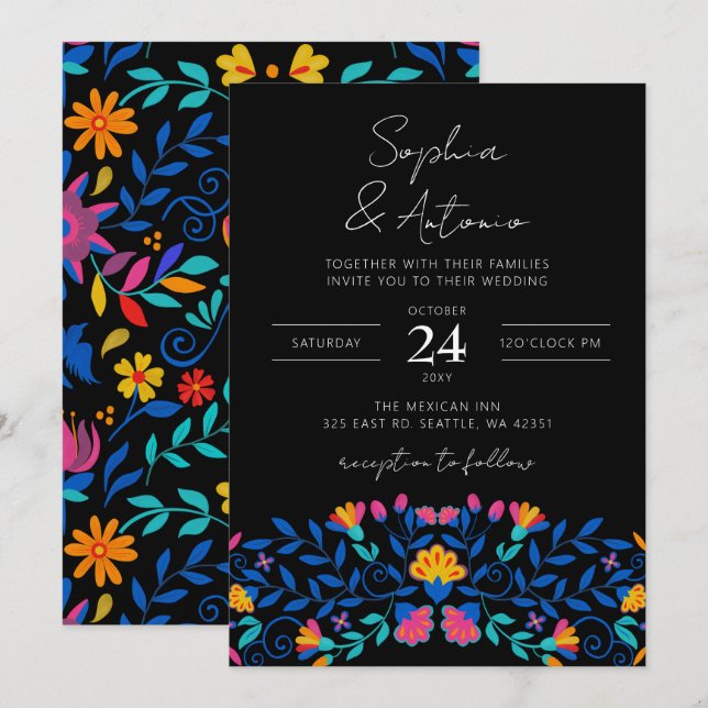 Invitación Boda de Fiesta Floral Mexicana Vibrante (Anverso / Reverso)