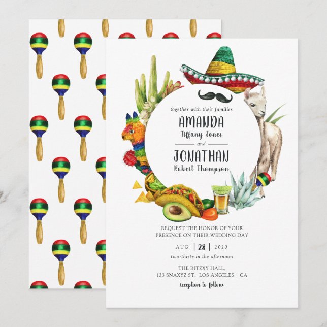 Invitación Boda de Fiesta Mexicana de Acuarela (Anverso / Reverso)
