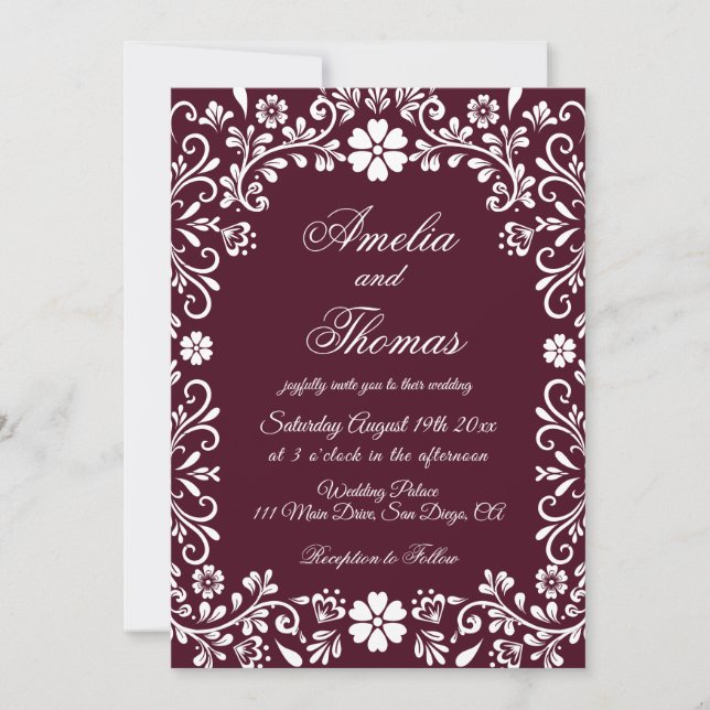 Invitación Boda de Fiesta Mexicana de Rojo Borgoña (Anverso)