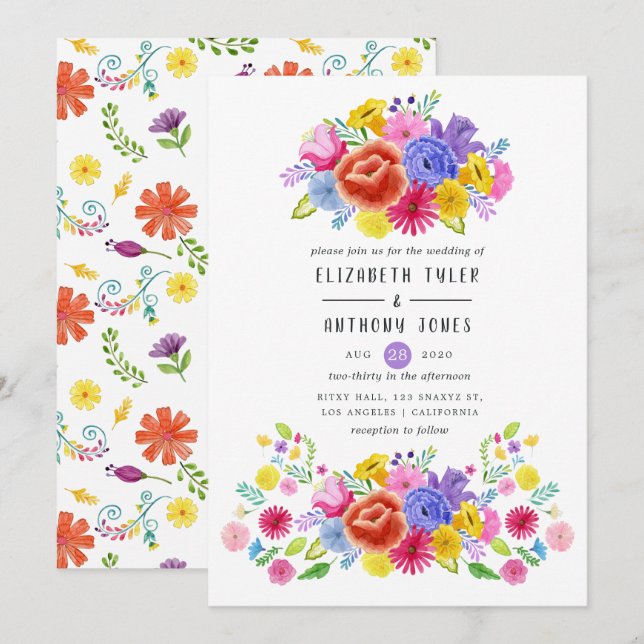 Invitación Boda de Fiesta Mexicana Floral Acuarela (Anverso / Reverso)