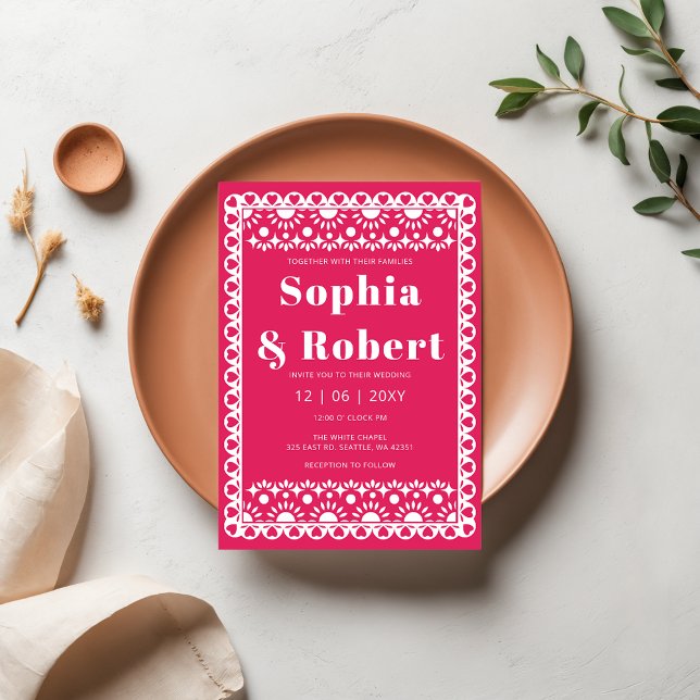 Invitación Boda de Fiesta Rosa Papel Picado Boho (Mexican Fiesta Pink Papel Picado Boho Wedding Invitation)