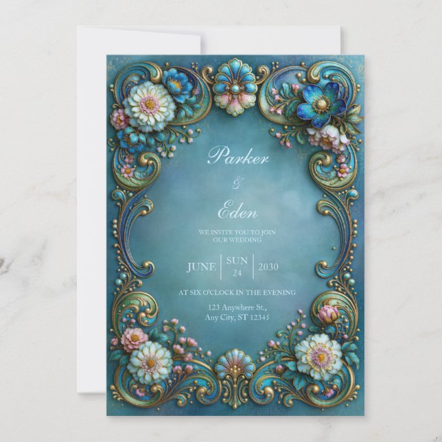 Invitación Boda de Filigrana de Flor de Turquesa (Anverso)